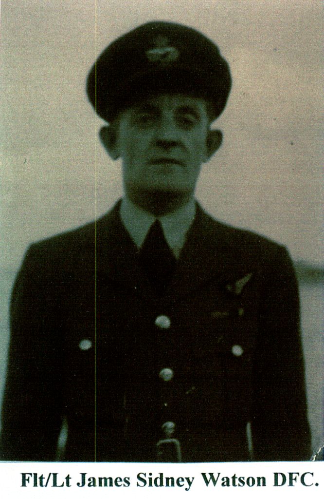james sidney watson in his raf uniform. the wording underneath says Flight Lieutenant james sidney watson dfc